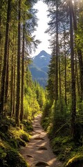 Obraz premium Sunlit Forest Pathway Leading to Mountain Peaks A Serene Natural Landscape with Towering Trees and Rocky Ground Path