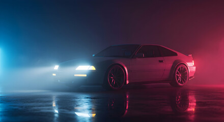 Obraz premium Sleek Sports Car in Neon Lights with Misty Background