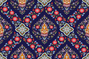 Traditional Thai art seamless floral pattern in  damask style motifs suitable for wallpaper, clothing, curtain, textile, tile, blanket and fabric design isolated illustration vector archive EPS file.