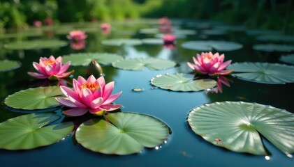 Water lilies forming a floral pattern across a still lake, nature, floral, serene