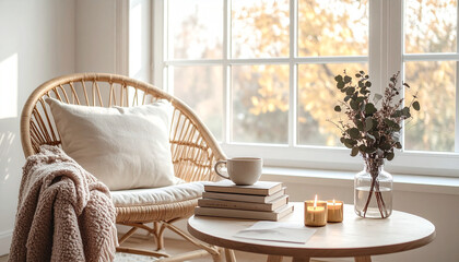 Cozy eco living room interior design with chair, table with dry grass and window, Daylight, beige colors