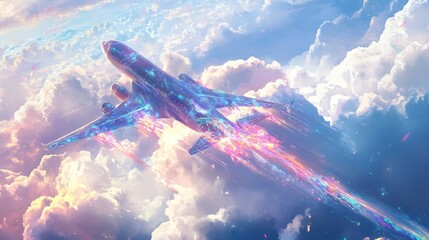 A futuristic jet plane soars through a vibrant cloud landscape, trails of iridescent light