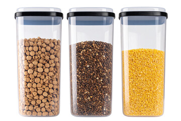 Set of A plastic storage container with three different types of grains inside, isolated on a transparent background