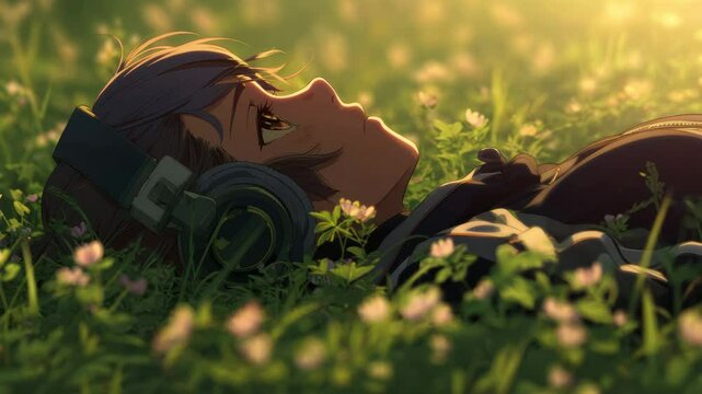 Anime girl relaxing in nature with headphones and vibrant greenery