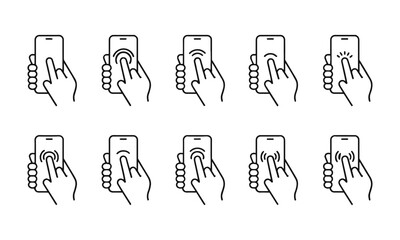 Modern vector icon set showing various hand gestures interacting with smartphones, easily scalable and editable.