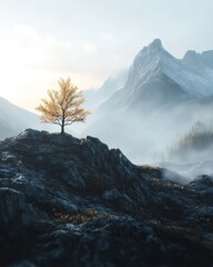 Lone tree on rocky outcrop with misty mountain backdrop