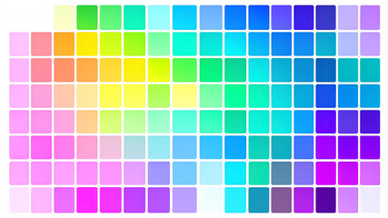 A meticulously arranged grid of colored squares transitions smoothly across shades of pink, orange, yellow, green, blue, and purple. The organized gradient evokes themes of design, color theory, and c