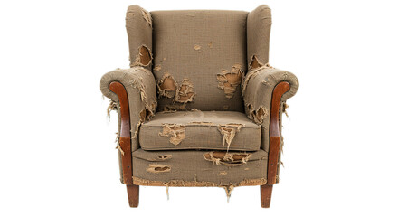 worn, ripped old armchair isolated on white transparent background PNG
