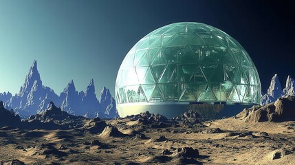 Futuristic extraterrestrial landscape with a crystal dome on a mysterious planet in an abstract style for fantasy concepts