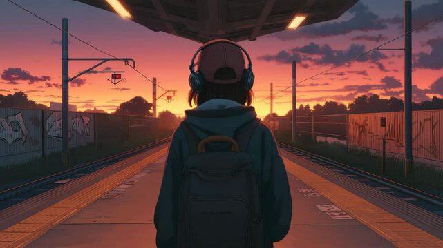 Anime Girl Walking and Listening to Lo-Fi Music at Train Station During Vibrant Sunset Sky