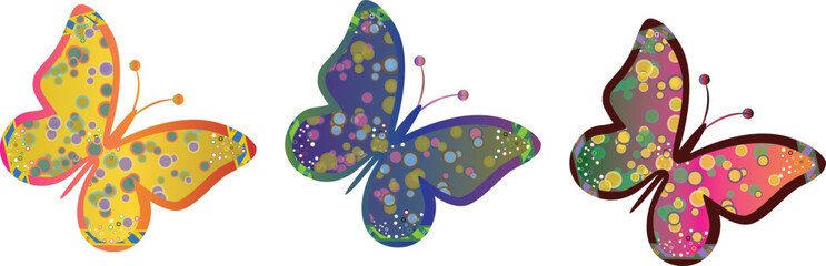 Holographic Gradient Butterflies. Colorful Iridescent Insect Illustration for Stickers, Prints, and Digital Art Projects. Set of 3 three vector butterflies with transparent background.