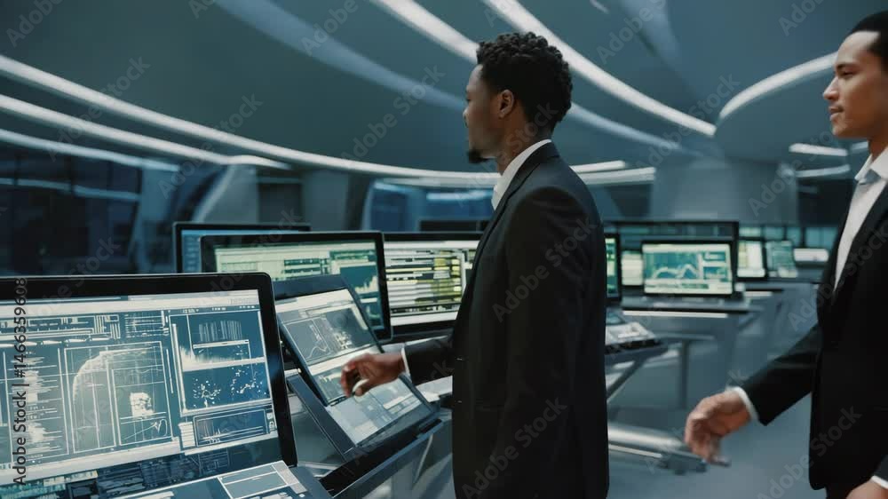 Poster a man in a suit uses multiple high-tech touchscreens in a modern, futuristic control room environmen