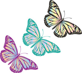 Holographic Gradient Butterflies. Colorful Iridescent Insect Illustration for Stickers, Prints, and Digital Art Projects. Set of 3 three vector butterflies with transparent background.