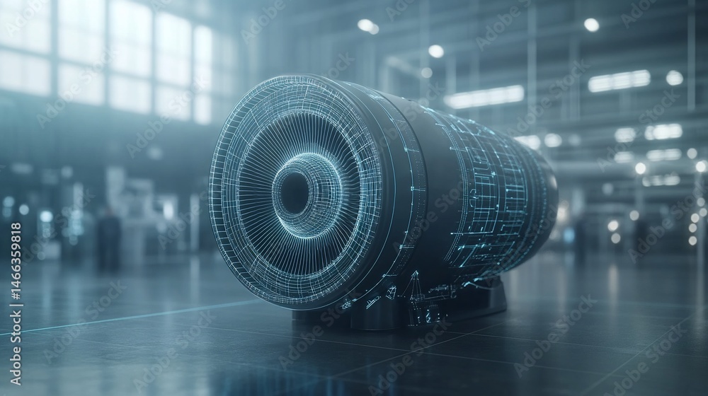 Poster advanced jet engine design visualized in a modern factory setting