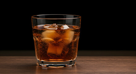 Close-up of a Glass with Dark Beverage and Ice Cubes on a Table