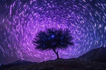 Peaceful motion scene: tree spinning under stars with purple ambient particles