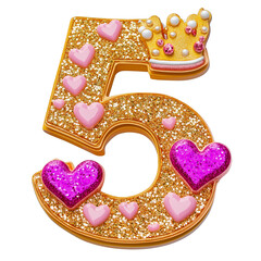 Decorative number five with hearts and crown design. PNG image, transparent background