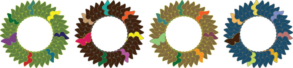 Colorful Butterflies Circle Frame variations. Black Silhouette Wreath with Multicolor Accents for Decorative Design and Art Projects. Multi-Color Floral Digital Wreath. Minimal circular frame wall art