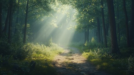 Fototapeta premium Sunlit path through a misty forest