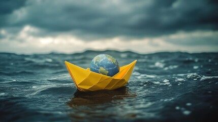 Paper boat carrying Earth, turbulent ocean