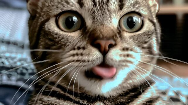 Close Up Portrait of a Tabby Cat with Wide Eyes and Open Mouth With Ai Defects