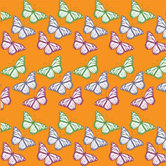 Seamless Colorful Butterfly Pattern, Hand-Drawn Minimalist Insect  Design for Fabric, textile print, texture , web, Wallpaper, Stationery, and Decorative Art Projects, isolated on mustard background.