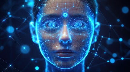 Futuristic AI face, digital overlay