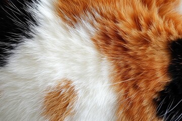 Close up shows vibrant orange, white, and black fur texture of a calico cat