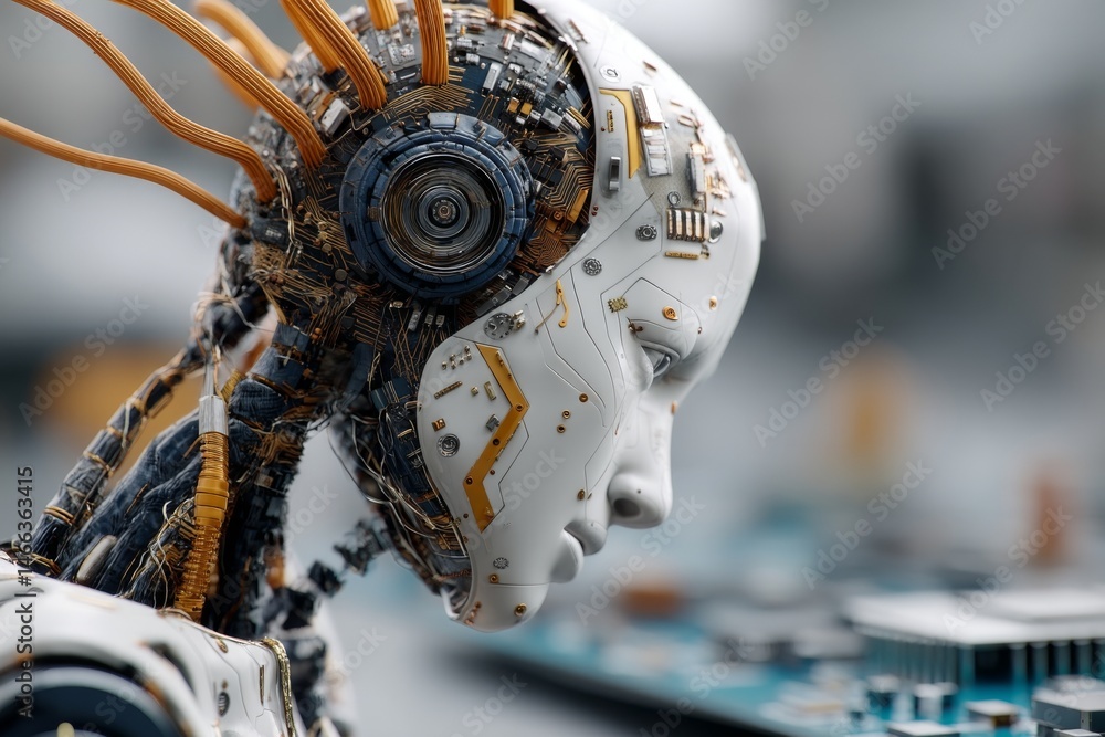 Poster humanoid robot head with visible circuitry and wiring for technology, automation, and future concept