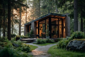 Modern Wooden Cabin with Green Roof Nestled among Tall Trees in a Lush Forest at Sunset, Offering Privacy and Serenity