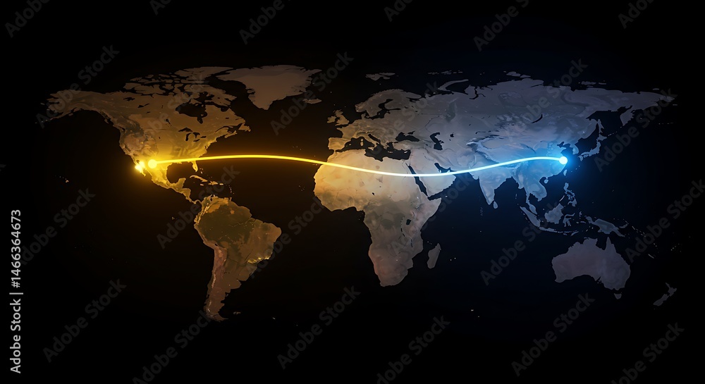 Poster world map with illuminated line connecting continents