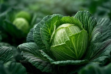 Obraz premium Close-up of Vibrant Green Cabbage with Water Droplets in a Lush Garden Setting, Showing Fresh Produce