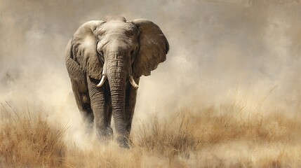 A large African elephant walks gracefully amidst the dust and sunlight in a dry grassland.