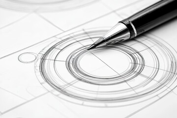Technical blueprint with lens design and pen