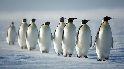 Obraz premium Emperor penguins walk in a line in the soft sunlight on the Antarctic ice.