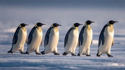 Obraz premium Emperor penguins walk in a line in the soft sunlight on the Antarctic ice.