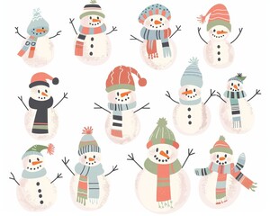 Colorful Christmas Snowmen with Various Accessories on White Background