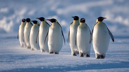 Obraz premium Emperor penguins walk in a line in the soft sunlight on the Antarctic ice.