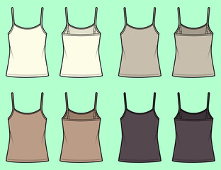 Ladies camisole tops bundle colour set technical drawing fashion flat sketch vector illustration template front and back views outline CAD mockup