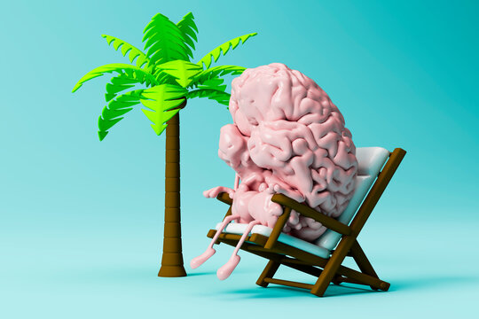 3D rendering of a brain relaxing on a deck chair under a palm tree