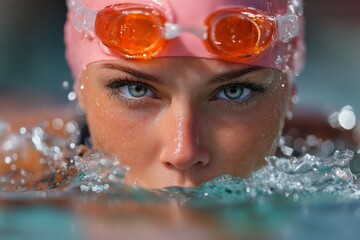 Extreme Close Up of Swimmer's Face in Pool Water Wearing Orange Goggles and Pink Cap, Concentrating on the Exercise