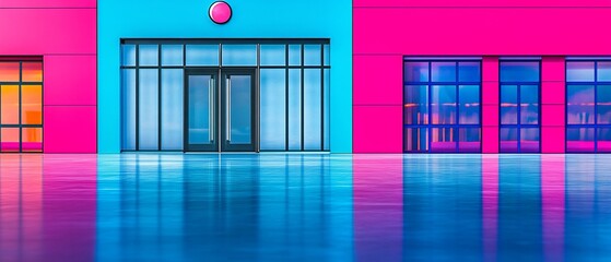 Colorful building facade with doors, windows, & blue reflection surface