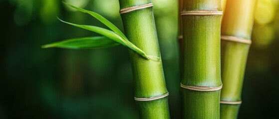Three green bamboo stalks with leaves on them
