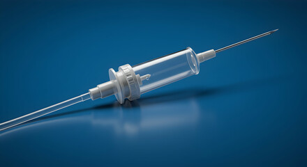 Medical syringe with clear liquid on blue background, healthcare tool
