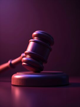 Wooden courtroom gavel casting dramatic purple shadows, illuminating authority against blurred luminous background, 4K