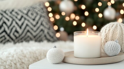 Cozy candlelit scene with a white candle, knitted ornaments, soft pillows, and blurred holiday lights in the background.