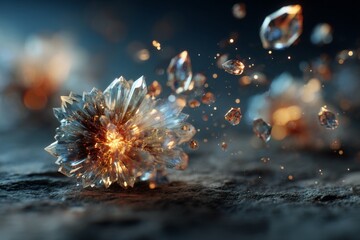 Glimmering gemstone cluster with brilliant golden core and fractured fragments against an atmospheric dark backdrop