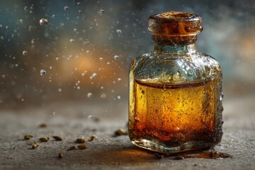 Antique Glass Bottle Containing Golden Liquid with Water Droplets and Seeds on a Textured Surface
