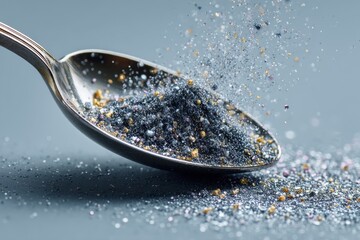 Silver Spoon Filled with Glittering Black Powder and Gold Flecks in a Soft Light Studio Environment
