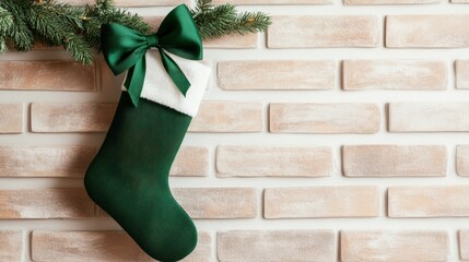 A green Christmas stocking with a bow hangs on a brick wall, decorated with a pine branch.
